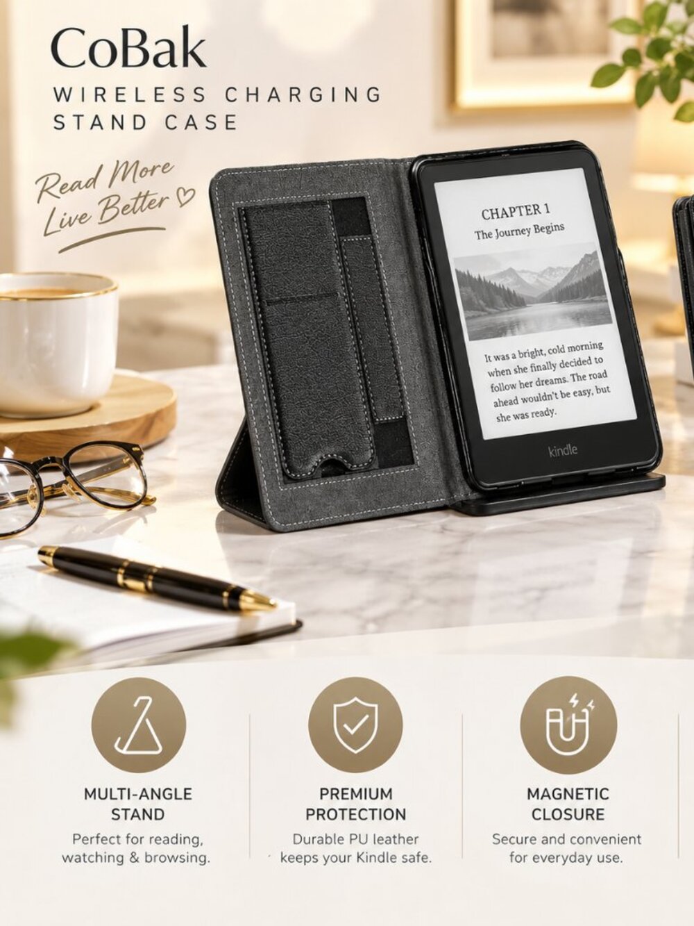 CoBak Wireless Charging Stand Case for 7" Kindle Paperwhite 12th Gen – Black